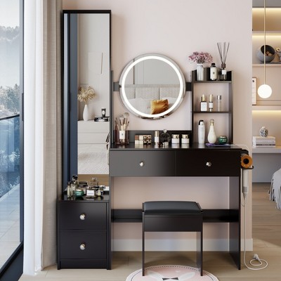 VYNXARIA Full Body Mirror Cabinet+Round Mirror LED Vanity Table+Cushioned Stool,17" Mirror,Large Desktop£¬Black