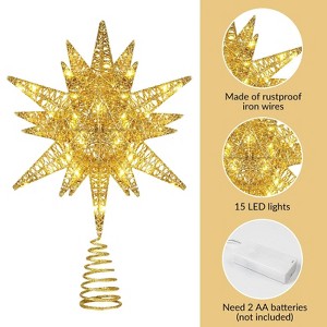 WOPET 11" Christmas Tree Topper Star - 3D Hollow Metal Treetop with Battery-Operated Lights, Gold, for Holiday Home Decor - 1 of 1