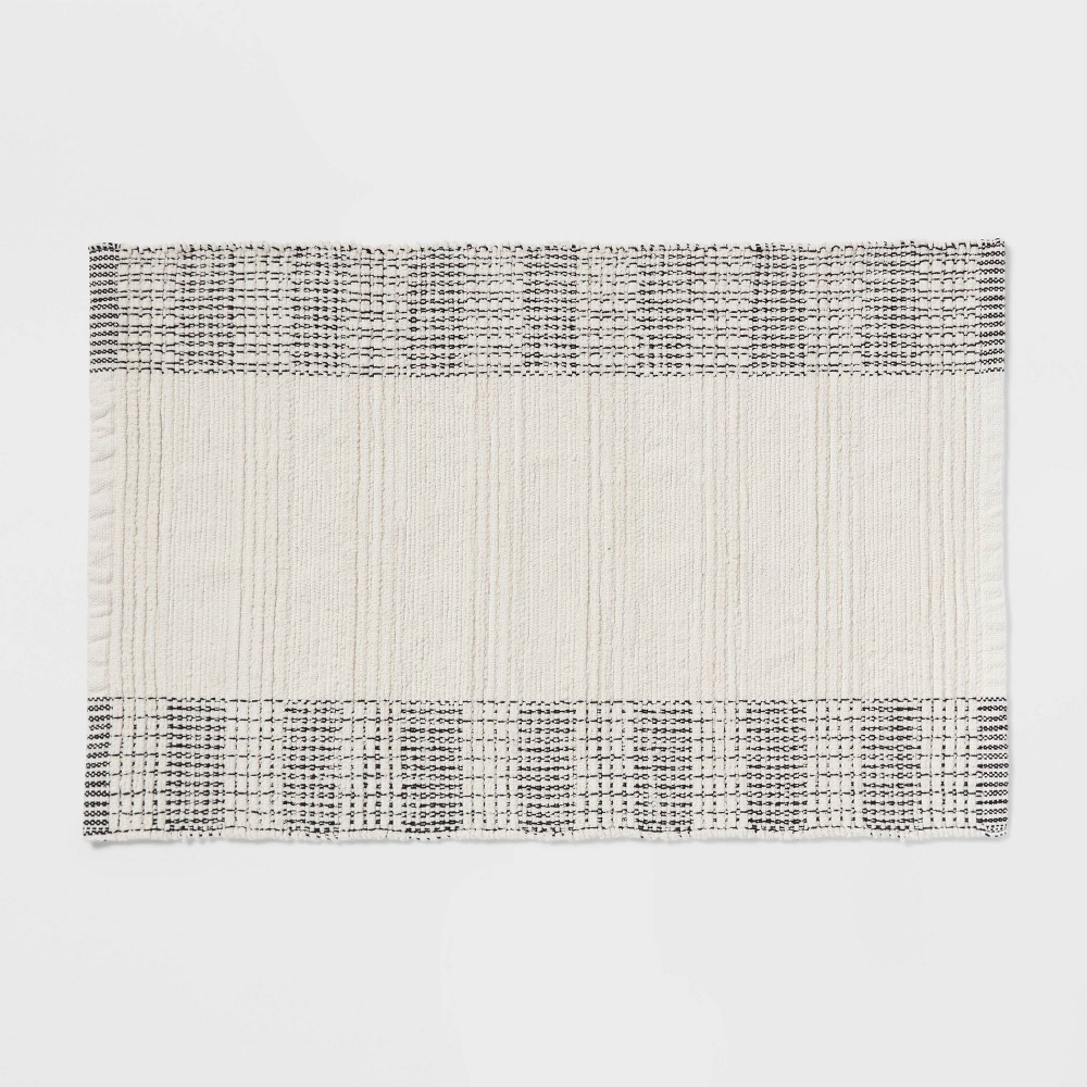 Photos - Bath Mat 24"x36" Chenille Bath Rug Ivory with Black Boarder - Threshold™
