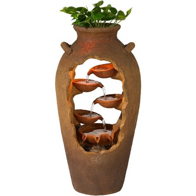 John Timberland Rustic Outdoor Floor Water Fountain with Light 33" High Cascading Planter Urn for Yard Garden Patio Deck