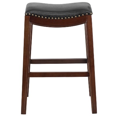 30'' Cappuccino Wood Backless Barstool with Black Leather Saddle Seat