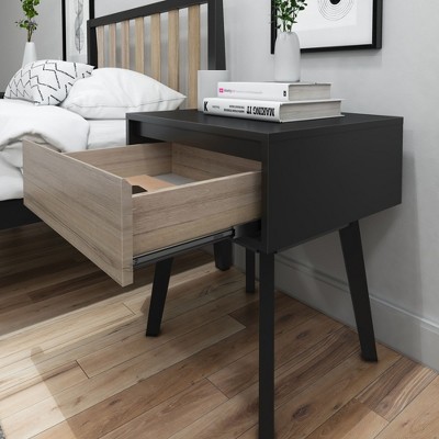 Modern Black and Blonde Solid Wood Nightstand with 1 Drawer