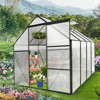 6x8 FT Polycarbonate Greenhouse, Aluminum Walk-in Greenhouses with Sliding Door & Raised Base, Plant Greenhouse for Outdoor Garden Backyard