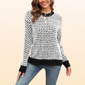 トップス Checkered Crewneck Sweater indigo aime EadianDree Womens Checkered Crew Neck Long Sleeve Pullover Sweater