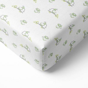 Bacati - Happy Monkeys Green Muslin 100 percent Cotton Universal Baby US Standard Crib or Toddler Bed Fitted Sheet - 1 of 4