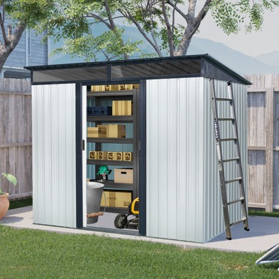 93.75"8ft x 6ft Outdoor Metal Storage with Lockable Sliding Doors and Transparent plate for Garden, Lawn (White and Black)
