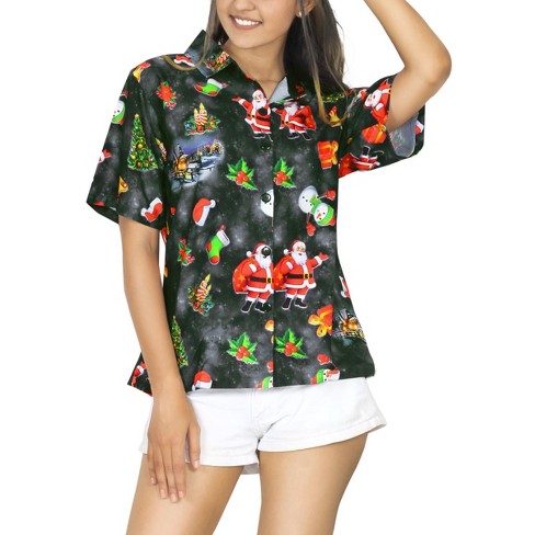 HAPPY BAY Women's Christmas Tree Vacation Holiday Party Short Sleeve Hawaiian Santa Claus Blouse Tops Gifts Shirt for Women - image 1 of 4