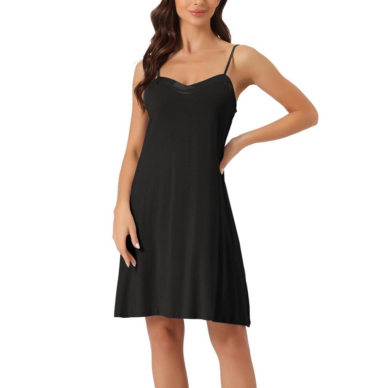 cheibear Women's Nightshirt Satin Trim Sleeveless Nightgown Knee Length Cami Dress, 1 of 6