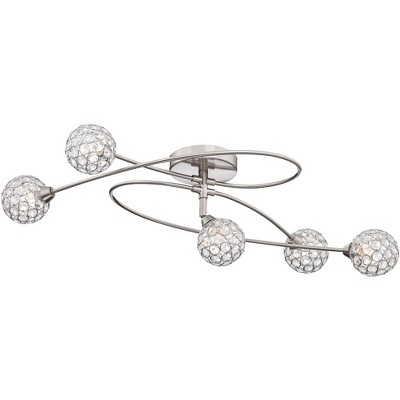Possini Euro Design Modern Ceiling Light Semi Flush Mount Fixture Brushed Nickel 28 1/2" Wide 5-Light Crystal Globe for Kitchen