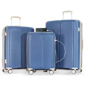  LEVEL8 Elegance Checked Luggage, 24 Inch Hardside Suitcase,  Lightweight PC Matte Hardshell with TSA Lock, Spinner Wheels - Light Blue
