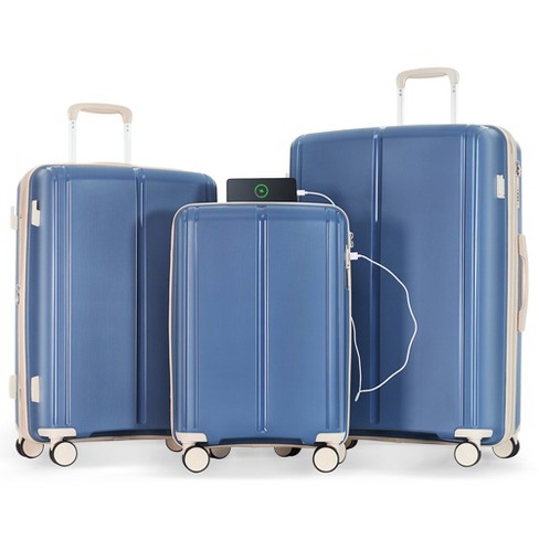 3 Pcs Expandable Luggage Set(20+24+28), Pp Lightweight Suitcase With Usb  Port, Spinner Wheels And Tsa Lock, Blue+ivory-modernluxe : Target