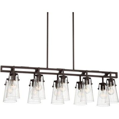 Franklin Iron Works Bronze Large Linear Pendant Chandelier 40" Wide Modern Industrial Seeded Glass 10-Light for Kitchen Island