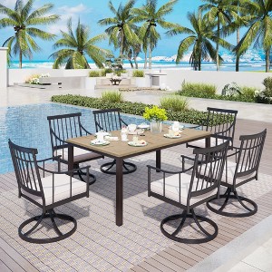 Captiva Designs 7pc Patio Wood-look Slat-top Steel Table with Umbrella Hole & Stylish Cushioned Arm Metal Chairs - 1 of 4