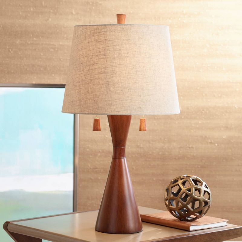 360 Lighting Omar Modern Table Lamp 28 3/4" Tall Warm Brown Wood Hourglass Oatmeal Fabric Drum Shade for Bedroom Living Room Bedside Nightstand Office, 2 of 8