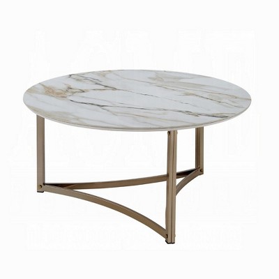 Royal Hampton Coffee Table, 35 Inch, Round Sintered Stone Top, White and Gold