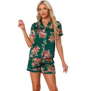 cheibear Women's Summer Short Sleeves Button Down Shirt with Shorts Pajamas Sets - 1 of 4