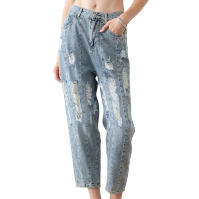 Slickblue Women's High Waist Distressed Barrel Leg Jeans, Zipper Closure, Size S-L, Light Blue Wash