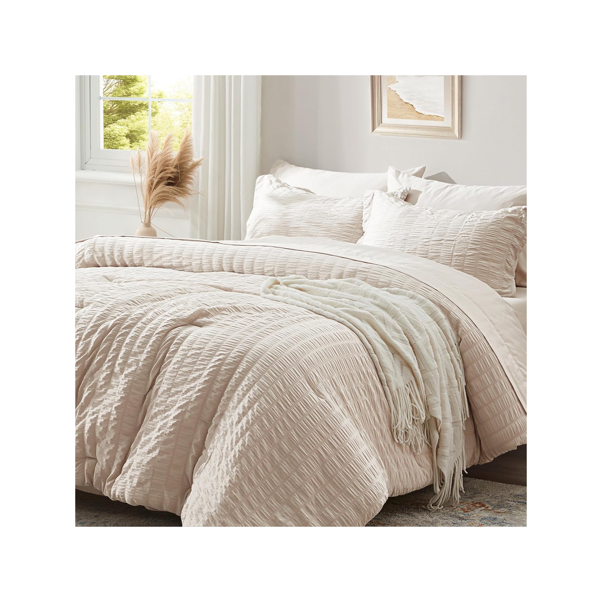 BALHAM TRADE-King Size 7 Pieces Olive Green Seersucker All Season Bedding Set, All Season Bedding Sets Beige-King 102"x90"