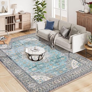 Washable Rug Non Slip Vintage Rug Foldable Indoor Carpet Ultra-Soft Retro Medallion Distressed Floor - 1 of 4