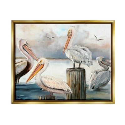Stupell Industries Pelicans Perched Cloudy Horizon Framed Canvas