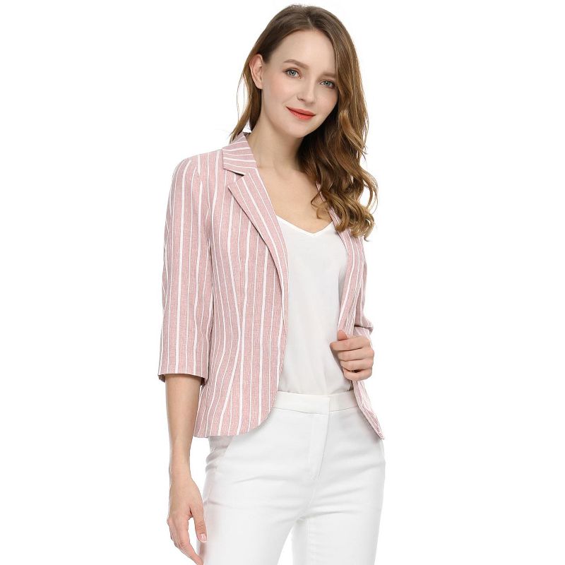 Allegra K Women's Striped 3/4 Sleeves Open Front Casual Notched Lapel Blazer, 3 of 8