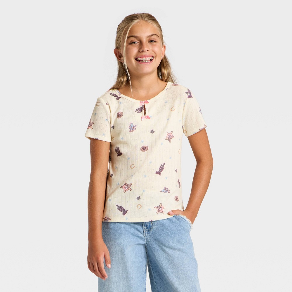 Girls' Toy Story Cowgirl Jessie Pointelle Short Sleeve Keyhole T-Shirt - Pink/Ivory M