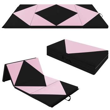 Costway Folding Gymnastics Mat 8' x 4' x 2'' PU Leather Tumbling Exercise Mat Yoga Gym Light Pink+Black/Blue+Black/Pink+Purple/Pink+Black/Pink+Blue/Pink