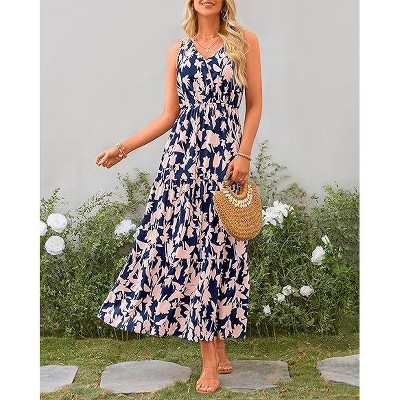 Womens Summer Dress V Neck Elastic Waist Sleeveless Floral Elegant Casual Maxi Dress