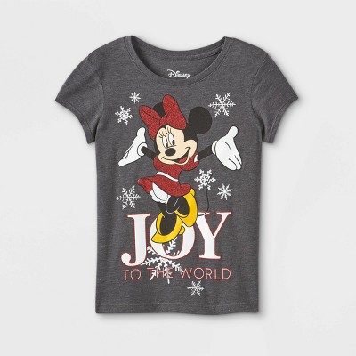 Girls' Minnie Mouse Joy To The World Short Sleeve Graphic T-Shirt - Charcoal Gray