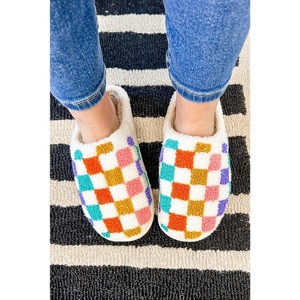 White Vibrant Checkered Plush Thermal Slippers - 1 of 3