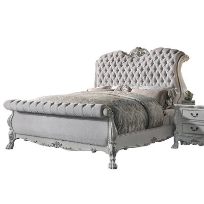 Bone White Tufted Upholstered Queen Bed with Wood Frame