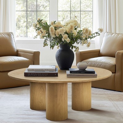 40" OAK Drum Coffee Table,40" Drum With 3 Legs Pedestal Round Coffee Table Architectural Design Rich White Oak Wood Coffee Table-Maison Boucle