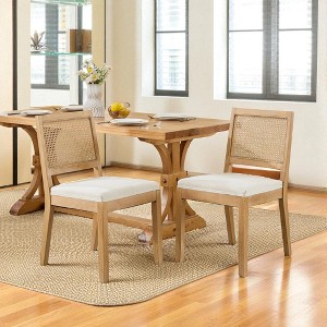 Mshliw Set of 2 Farmhouse Rattan Dining Chairs, Mid-Century Modern Linen Upholstered Kitchen Side Chairs with Cane Back and Solid Rubberwood Frame - 1 of 4