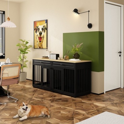 Famapy Wooden Double Cage Furniture Style Dog Kennel with 2 Drawers and Dividers