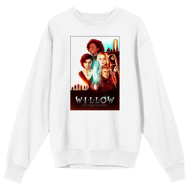 Willow Disney+ character Poster And Logo Crew Neck Long Sleeve Men's White Sweatshirt, 1 of 4