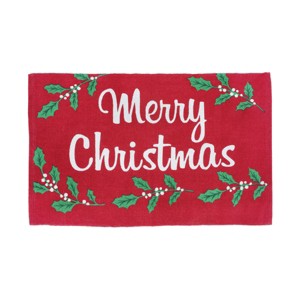 Gallerie II 2' x 3' "Merry Christmas" w/ Holly Berries & Leaves Indoor Cotton Accent Dhurrie Floor Door Rug - 1 of 4