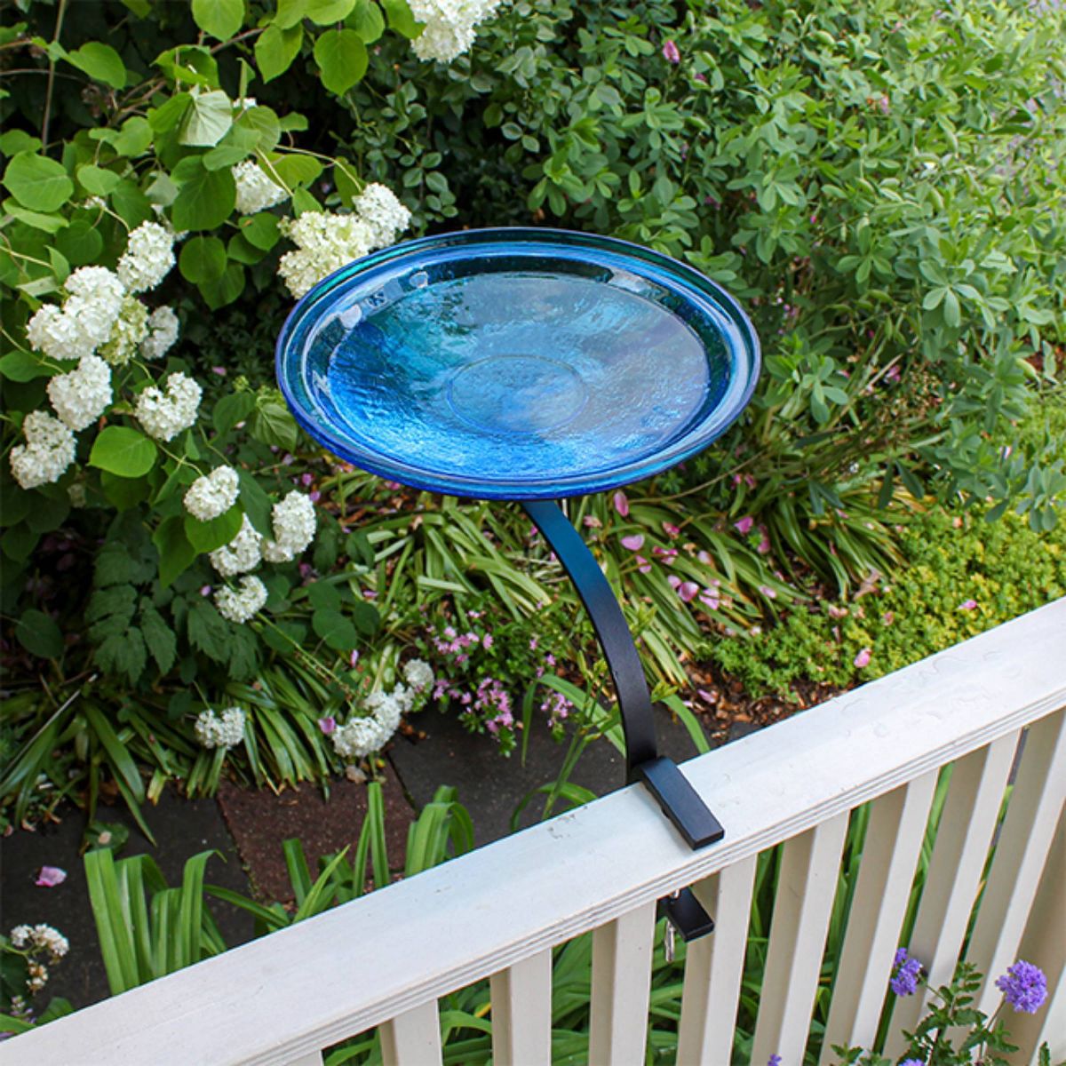 13.7" Reflective Crackle Glass Birdbath Bowl with Rail Mount Bracket Teal Blue - Achla Designs: Weather-Resistant, No Assembly Required - thumbnail 6