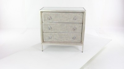 Beige Upholstered 3 Drawer Chest with Mirrored Top and Ring Handles