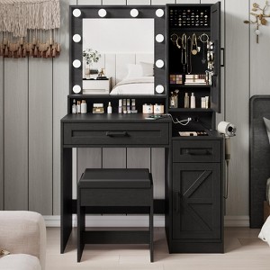 Makeup Vanity Desk with Mirror, Outlet, Jewelry Cabinet & Stool, 3 Lighting Colors - 1 of 4