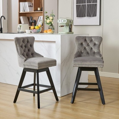 INFURNIC Counter and Bar Stools Swivel Velvet Bar Stool with Button Tufting and Wooden Legs for Kitchen and Home Bar, Gray, 21.5"*19"*38.4"
