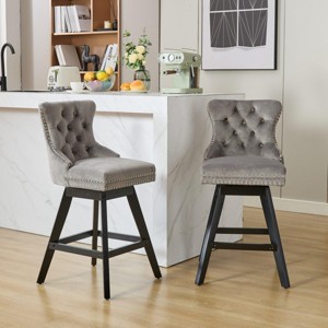 INFURNIC Counter and Bar Stools Swivel Velvet Bar Stool with Button Tufting and Wooden Legs for Kitchen and Home Bar, Gray, 21.5"*19"*38.4" - 1 of 4