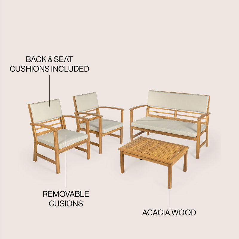 Barclay 4-Piece Modern Coastal Acacia Wood Conversation Outdoor Patio Set with Cushions - JONATHAN Y, 4 of 7