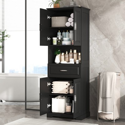 TIRAMISUBEST Tall Bathroom Cabinet with Four Doors, Large Storage Space Open Shelve, Upper Storage Cabinet, Black