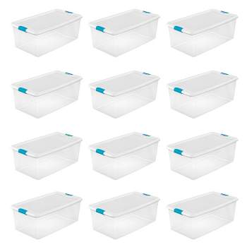 Sterilite 106 Quart Latching Box, Storage Bin with Latching Lid, Stackable,  Organize Blankets & Sports Gear in Garage, Clear with White Lid, 4-Pack