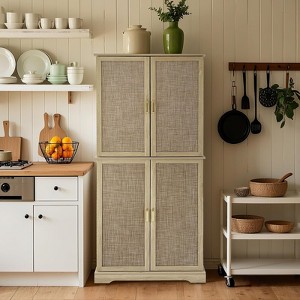 Kitchen Pantry Cabinet, 72-Inch Tall Storage Cabinet with 4 Rattan Doors and Adjustable Shelves, Freestanding Wood Cupboard Organizer - 1 of 4