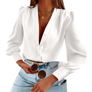 Imily Bela Women's Business Casual V Neck Chiffon Blouse Long Sleeve Button Down Summer Shirt - 1 of 4