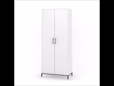 White Tall Storage Cabinet with Adjustable Shelves and Metal Base