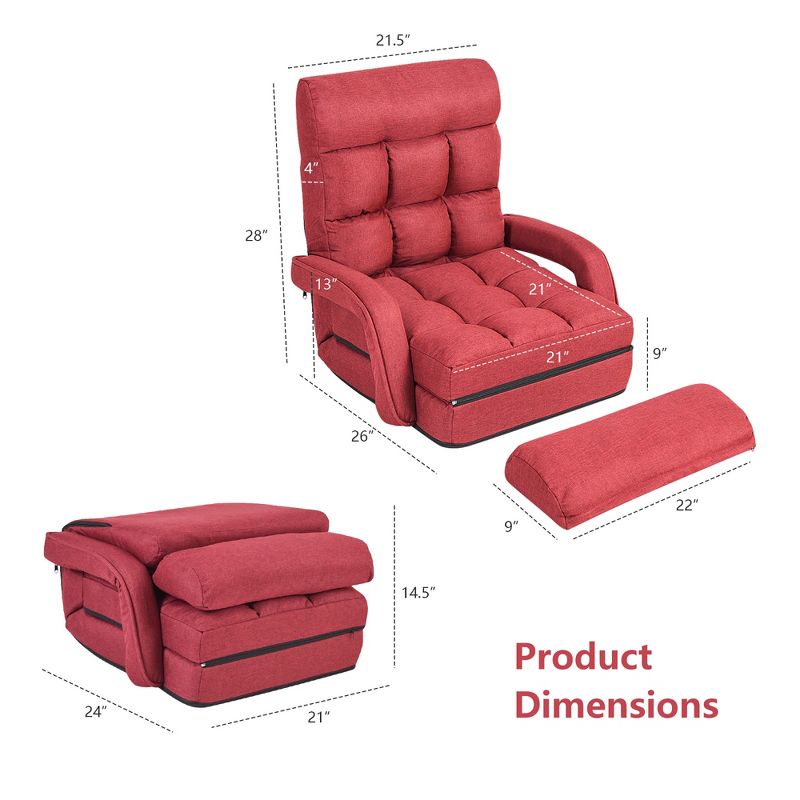 Costway Folding Floor Armchair w/ 6-position Adjustable Back & Lumbar Pillow Red\Grey, 4 of 11