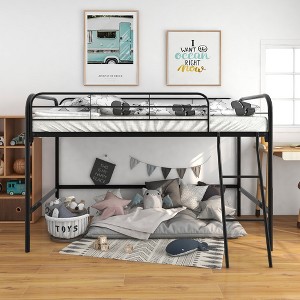 GDFStudio Dorian Modern Metal High Loft Bed Frame with Angled Ladder and Full-Length Guardrails - 1 of 4