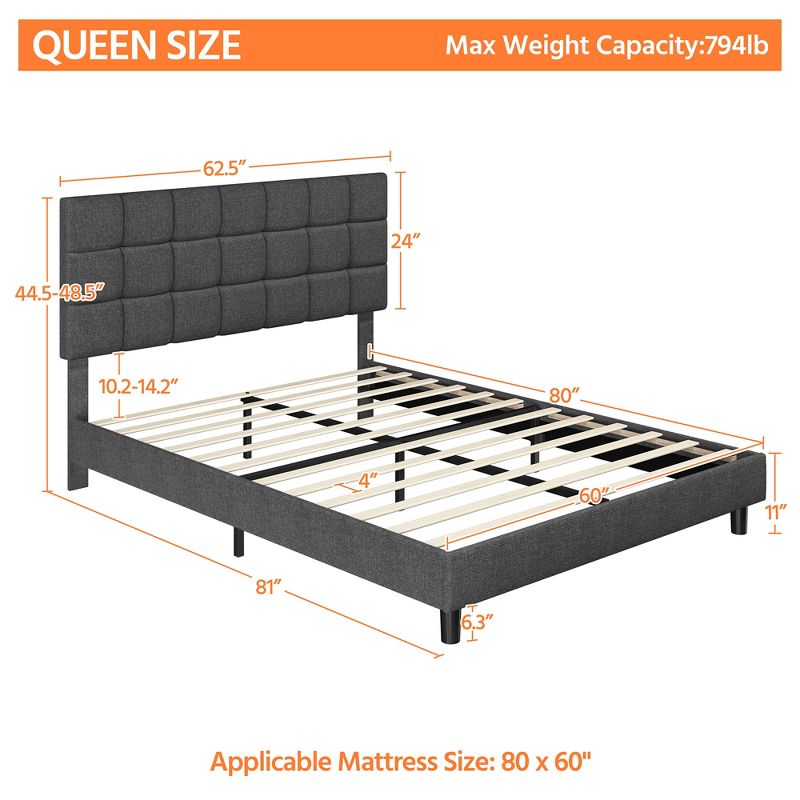 Yaheetech Upholstered Platform Bed Frame with Tufted Height Adjustable Headboard, 3 of 8